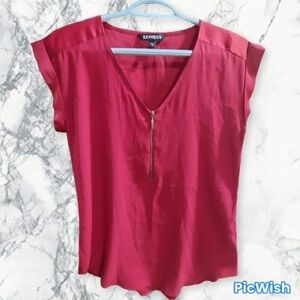 Express Women's Red Zip V-Neck Cap Sleeve Blouse